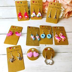 NEW 10 Novelty Earrings Hearts, Moons, Eiffel Tower, Axolotl, Drinks, Flamingos